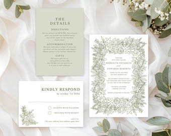 Sage Green Wedding Invitation Template, Botanical Floral Wedding Invitation, Sage Green Wedding Suite, Canva, Green Stripes, SGG
