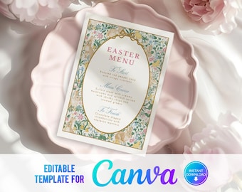 Canva Editable Easter Menu, Easter food Menu, Spring Menu, Dinner party Menu, Easter Lunch, Printable Template, Vintage Easter, VE