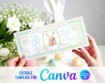 Canva Easter Bunny Bucks, Easter Money, Easter Bunny Bank, Bunny Currency, Gift certificate Easter, Pastel Easter Voucher, Easter Gift, PE