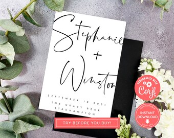 Minimal Script Editable Wedding Invitation Set, Instant download, Invite Template, Modern, Black and White Calligraphy, Typography MS