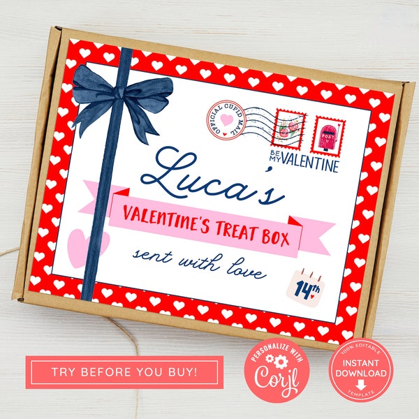 Editable Valentines Box Label, Valentines Treat Box, Childrens Valentines Gift, Print at Home, Valentines Box, Valentines Printable, Gifts