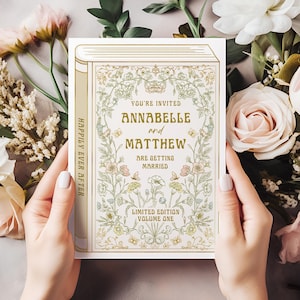 Convite de casamento em formato de capa de livro no Canva, Felizes para sempre, História de amor, Casamento em formato de livro, Modelo editável, Convite de casamento em formato de livro, Art Nouveau, VB