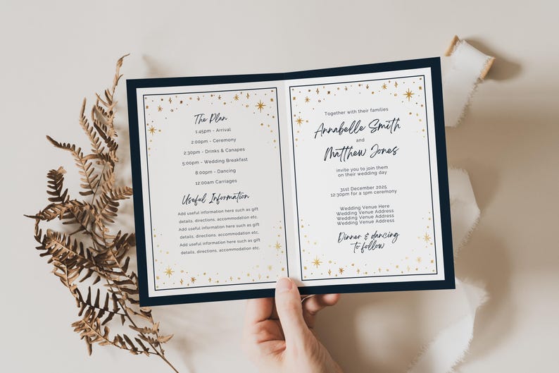 May include: A wedding invitation with a navy blue border and a white background. The invitation features a gold star pattern and the text "Annabelle Smith and Matthew Jones" with the date "12 December 2023".
