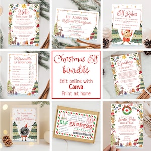 Pode incluir: Um conjunto de elfo de Natal com cartões, certificados e placas imprimíveis com ilustrações festivas de elfos, renas e árvores de Natal. O texto inclui Hello from your Elf, Elf Adoption Official Certificate, Elf Rules, Elf Report Card, Goodbye from your Elf, The Smith Home is under Elf Surveillance, Elf Express e North Pole Hospital.
