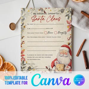Canva Bearbeitbarer Brief an Weihnachtsmann, druckbarer Weihnachtsbrief, druckbare Vorlage, Weihnachtswunschliste, Kinderbrief an den Nordpol,