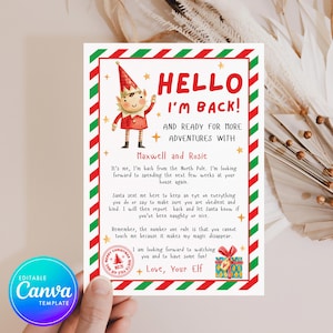 Carta editable de Elf Hola, estoy de vuelta, Hola de tu elfo, Saludos de elfos navideños, Bienvenida, Plantilla imprimible de adopción, Descarga instantánea