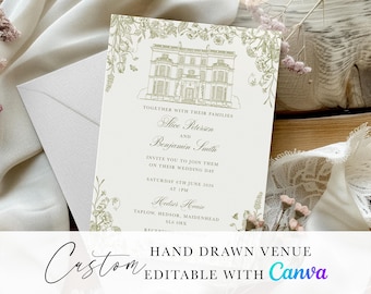 Wedding Venue Hand Drawn Sketch, Venue Wedding Invite, Venue Illustration, Wild flowers wedding, Green Wild Flowers, Editable Canva Template