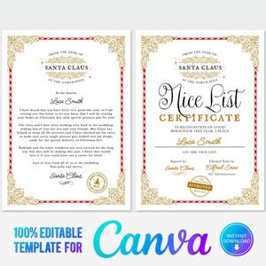 Canva, Carta a Papá Noel y Certificado de Lista de Buenos Amigos, Carta Personalizada de Papá Noel, Plantilla Imprimible Carta a Papá Noel, Descarga Instantánea Editable