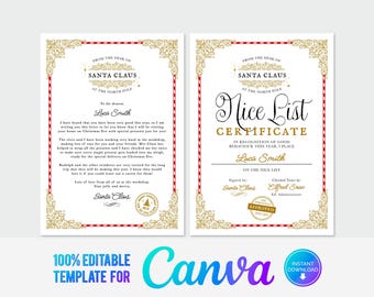 Op de afbeelding: Een afdrukbare kerstcertificaattemplate voor Canva. Het certificaat is goud en rood met een witte achtergrond. Het staat "Nice List Certificate" en "Ter erkenning van uw goede gedrag dit jaar, plaats ik [Naam] op de Nice List." Het is ondertekend door Santa Claus en gecontroleerd door Elfred Snow, Elf-Administrator.