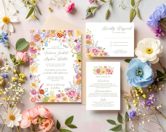 May include: Wedding invitation suite featuring floral designs in pink, yellow, purple, and blue. The invitation includes the names "Victoria Jockett" and "Stephen Haller", with the date "October 10th 2023". Additional cards include RSVP and details.