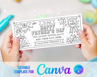 May include: A black and white printable Father's Day gift voucher with a cartoon design. The voucher says "Happy Father's Day" and "This voucher entitles you to add your gift here".