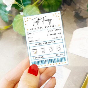 May include: A tooth fairy receipt with gold stars, blue and white stripes, and the text "Tooth Fairy Official Receipt". The receipt is filled out with the name "Hugo Smith", age "6 years old", date lost "01.01.13", and payment "$2.00".