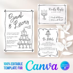 Canva zwart-wit huwelijksuitnodiging, handgetekende bruiloftsuitnodiging, bruiloftkrabbels, champagnetoren, handgeschreven sjabloon bruiloftuitnodiging WD