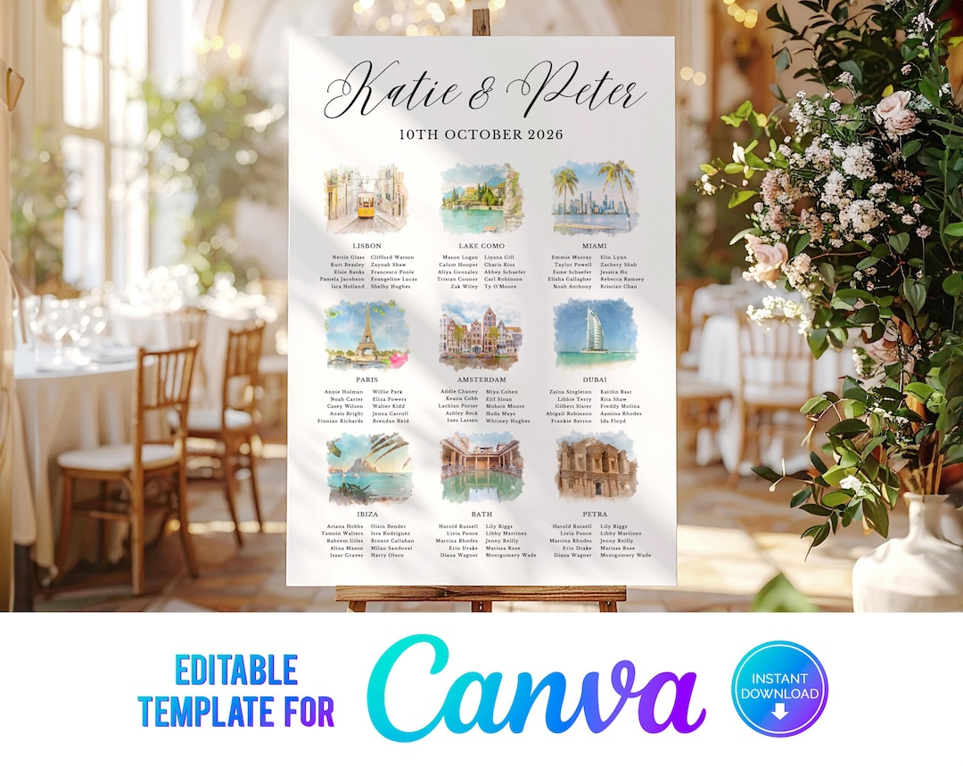 Water Destination Table Watercolour Travel Table Plan Canva Template, Destination Wedding, Png ...