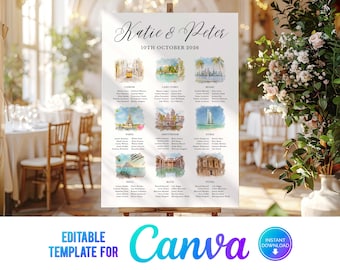 Watercolor Travel Table Plan Canva Template: Destination Wedding (PNG Files Included)