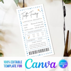 Canva, Print at Home Tooth Fairy Receipt, Editable Tooth fairy Letter, Personalised Tooth Fairy Report Blue