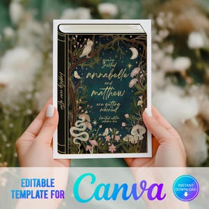 Canva Buch Cover Hochzeitseinladung, Happily Ever After, Love Story, Buchhochzeit, bearbeitbare Vorlage, Hochzeitsbuch, Verzaubertes Waldland
