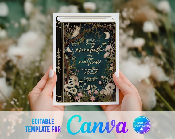 Canva Book Cover Wedding Invitation, Happily Ever After, Love Story, Book Wedding, Editable Template, Wedding Book, Enchanted Woodland