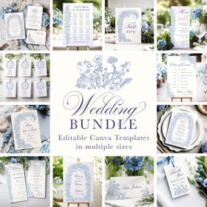 Canva Blaues Laub Hochzeit Einladung Bundle, Blumenhochzeit, Waldblumen, Elegante Vorlage, Dusty Blau, Hochzeit Bundle Set CB