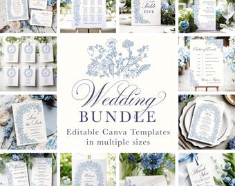 Canva Blue Foliage Wedding Invitation Bundle, Floral Wedding, Woodland Flowers, Elegant Template, Dusty Blue, Wedding Bundle Set CB