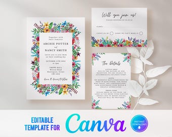 Canva Colourful Flowers Wedding Invitation, Floral Wedding Invite,  Colorful floral, Bright Flowers, Modern Wedding Invitation Template BL