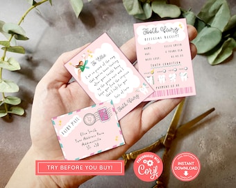 Printable Mini Tooth Fairy Set Pink with envelope, receipt and fairy letter, Instant Download and fully editable tooth fairy set