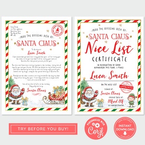 Instant Download Editable Santa Letter and Nice List Certificate, Personalised Letter from Santa, Printable Template Santa Letter