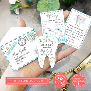 Set de mini hada de los dientes imprimible azul con sobre, recibo y carta de hada, descarga instantánea y conjunto de hada de los dientes totalmente editable