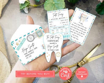 Printable Mini Tooth Fairy Set Blue with envelope, receipt and fairy letter, Instant Download and fully editable tooth fairy set