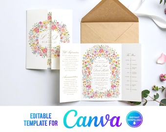 Invitación desplegable con flores coloridas, invitación de boda con flores coloridas, invitación desplegable, flores de verano, flores silvestres, Canva, SF