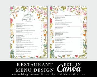Restaurant Menu Design, Colourful Flowers Menu, Foliage, Floral Menu, Editable Template, Canva Template, Cafe Menu, Bar Cocktail Menu, Cafe