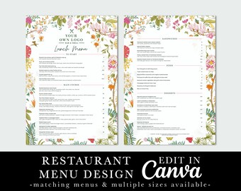 Diseño de menú de restaurante, menú de flores coloridas, follaje, menú floral, plantilla editable, plantilla Canva, menú de cafetería, menú de cócteles de bar, cafetería