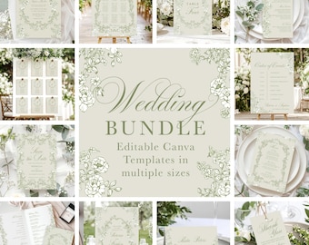 Paquete de invitaciones de boda florales en verde salvia y blanco de Canva, plantilla elegante, invitación de estilo vintage, paquete de boda, TS