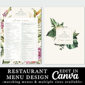 Diseño de menú de restaurante, menú verde, follaje, menú de restaurante floral, plantilla editable, plantilla Canva, menú de cafetería, menú de cócteles de bar
