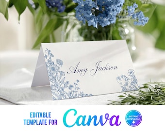 Tarjeta de lugar de boda con follaje azul de Canva, tarjeta de nombre floral, flores de bosque, boda elegante, plantilla, azul polvoriento, tarjeta de lugar plegada, CB