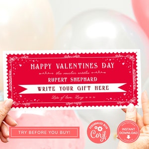 Bearbeitbarer Valentinstagsgutschein, Valentinstagsgutschein, druckbares Liebestoken, rotes Ticket, Geschenk für ihn, Überraschungsticket Beliebiger Text, digitales Geschenk