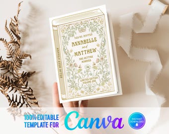 May include: A printable wedding invitation template with a vintage book design. The invitation features a floral pattern with gold accents and the text "You're invited Annabelle and Matthew are getting married. Happily ever after. Limited Edition Volume One."