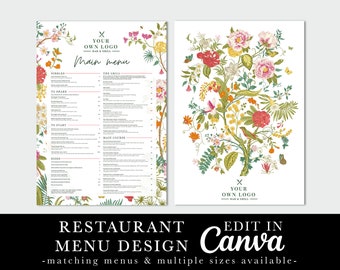 Diseño de menú de restaurante, menú de flores coloridas, follaje, menú floral, plantilla editable, plantilla Canva, menú de cafetería, menú de cócteles de bar, cafetería