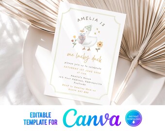 First Birthday Party Invitation, Pastel Birthday, One Lucky Duck, Duck Birthday Party Invitation, 1st Birthday Invite, Silly Goose, Canva
