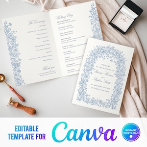 Programma di nozze pieghevole Canva Blue Foliage, matrimonio floreale, fiori del bosco, elegante, modello, blu polvere, libretto dell'ordine del servizio CB