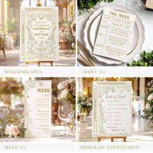 May include: A collection of wedding stationery featuring a welcome sign, menu cards, and an order of events sign. The signs are designed to look like books with floral and butterfly illustrations. The welcome sign displays the names Annabelle and Matthew, and the date 01.01.27.