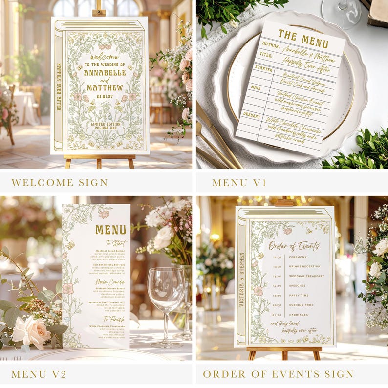 May include: A collection of wedding stationery featuring a welcome sign, menu cards, and an order of events sign. The signs are designed to look like books with floral and butterfly illustrations. The welcome sign displays the names Annabelle and Matthew, and the date 01.01.27.