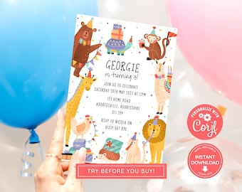 Op de afbeelding: Een kleurrijke verjaardagsuitnodiging met een witte achtergrond en illustraties van dieren die feestmutsen dragen. De tekst luidt "Georgie wordt 3!" en bevat details over het feest, zoals de datum, tijd en RSVP-informatie. De uitnodiging bevat ook de tekst "Personaliseer met Corjl" en "100% bewerkbare sjabloon Direct downloaden".