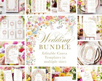 Paquete de invitaciones de boda con flores coloridas de Canva, plantilla de flores de verano, pastel, flores brillantes, paquete de boda SF