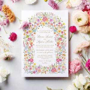 wedding invite with colourful summer flowers