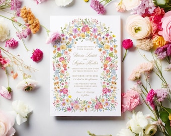 Invitación de boda con flores coloridas en Canva, invitación de boda floral, elegante, floral brillante, plantilla de invitación de boda elegante, verano SF