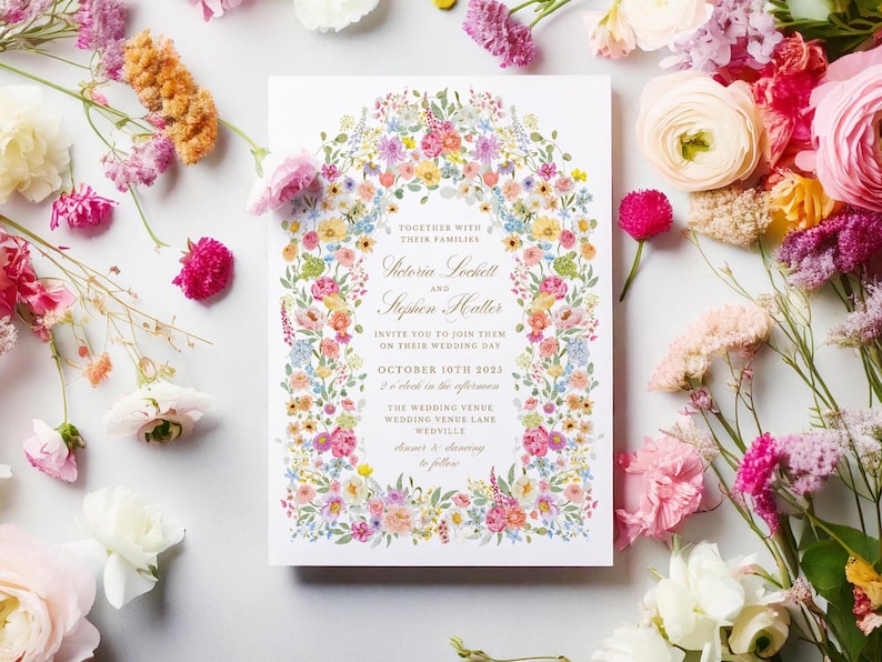 wedding invite with colourful summer flowers
