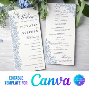 Op de afbeelding: Twee huwelijksceremonieprogramma's met blauwe bloemmotieven. De programma's bevatten de namen Victoria & Stephen en de details van de bruiloftsgasten. De programma's staan op een witte achtergrond met blauwe bloemen.