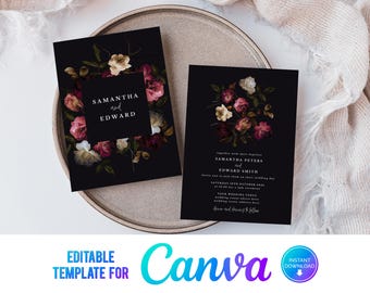 Canva Dark Floral Wedding Invitation, Black Wedding Invite, Elegant Floral, Burgundy and Pink Flowers, Elegant Wedding Invite Template, DR