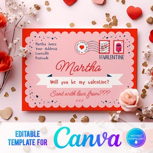 Bearbeitbare Valentinstagspostkarte, Valentinstagsdruck zu Hause, Geschenk für sie, Geschenk für ihn, Telegramm, bearbeitbare Valentinstagskarte, Kinder